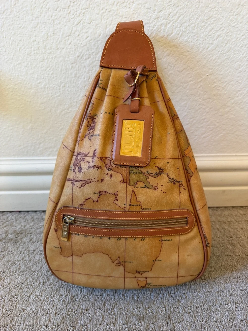Vintage Alviero Martini 1A Classe Tan Map-Print Leather Sling Shoulder Bag